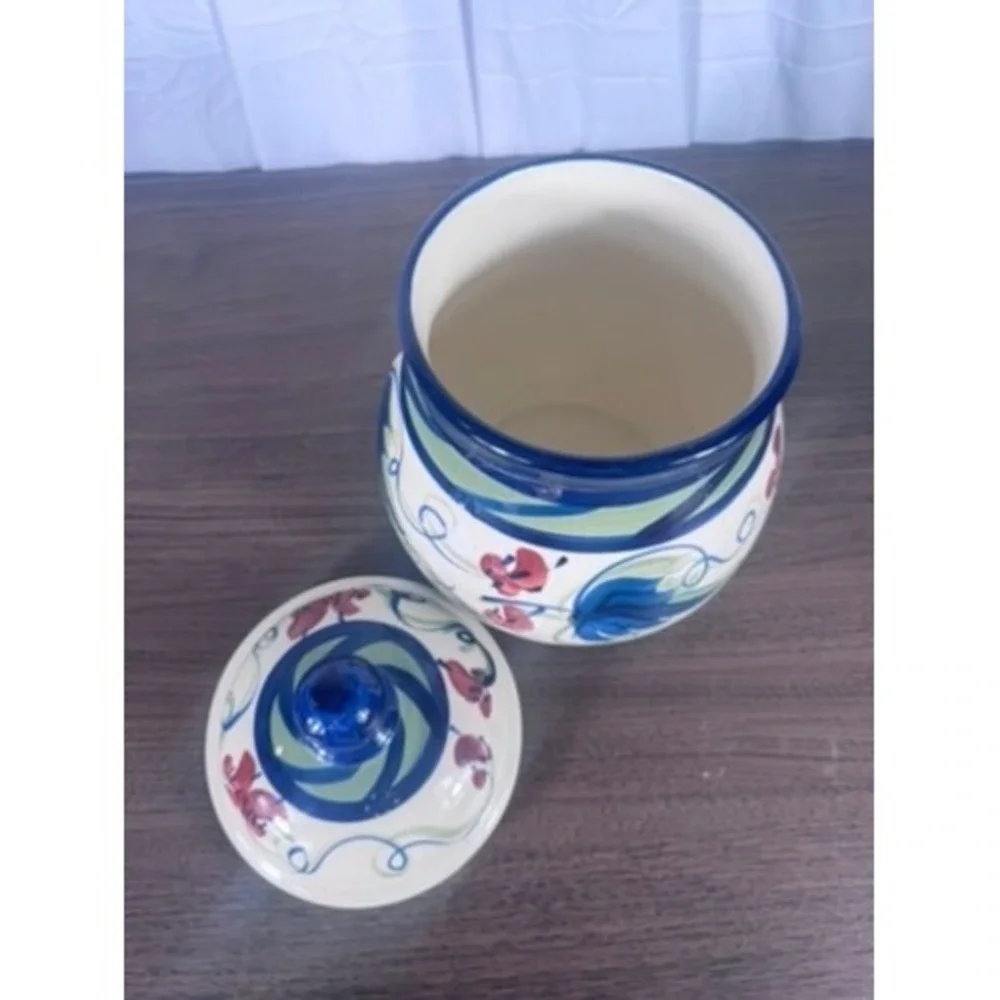 Gail Pittman 1994 Hand Painted Lidded Canister Blue & Floral Art‎ Pottery